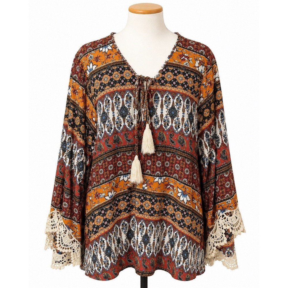 Moa Moa Boho Peasant Top Womens 3X Paisley Crochet Bell Sleeve
